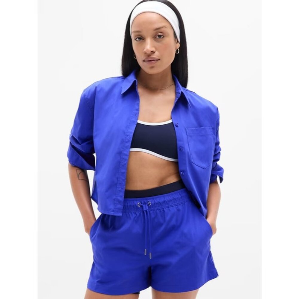 Athleta M Midday Cropped Poplin Shirt Varsity Blue Medium